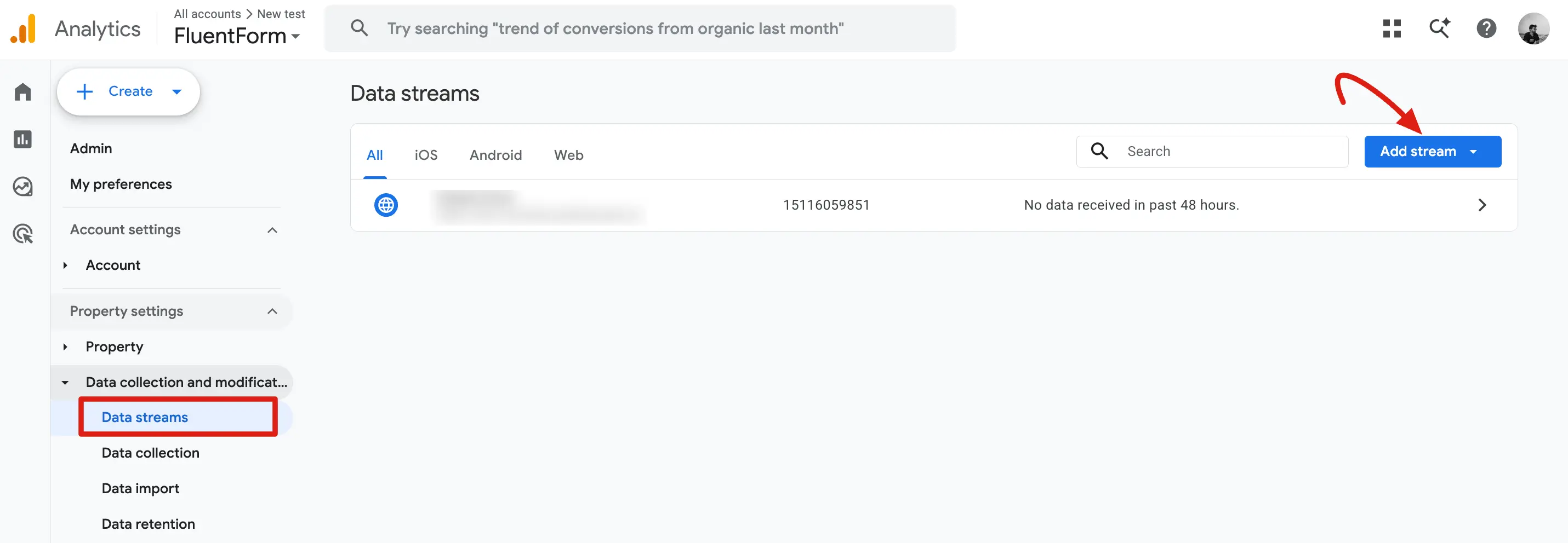 GA4 Admin — Data Streams list