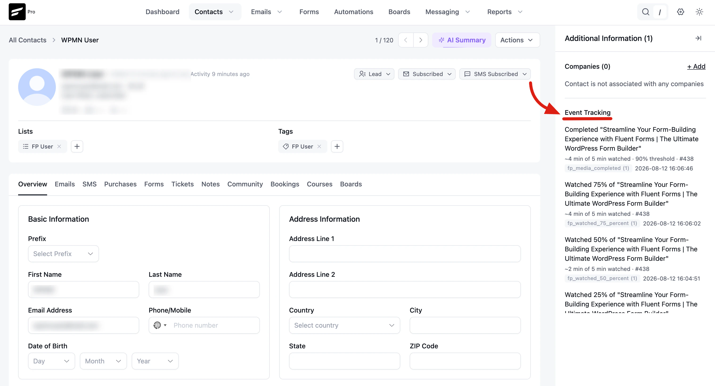 Video watch events listed on a FluentCRM contact profile