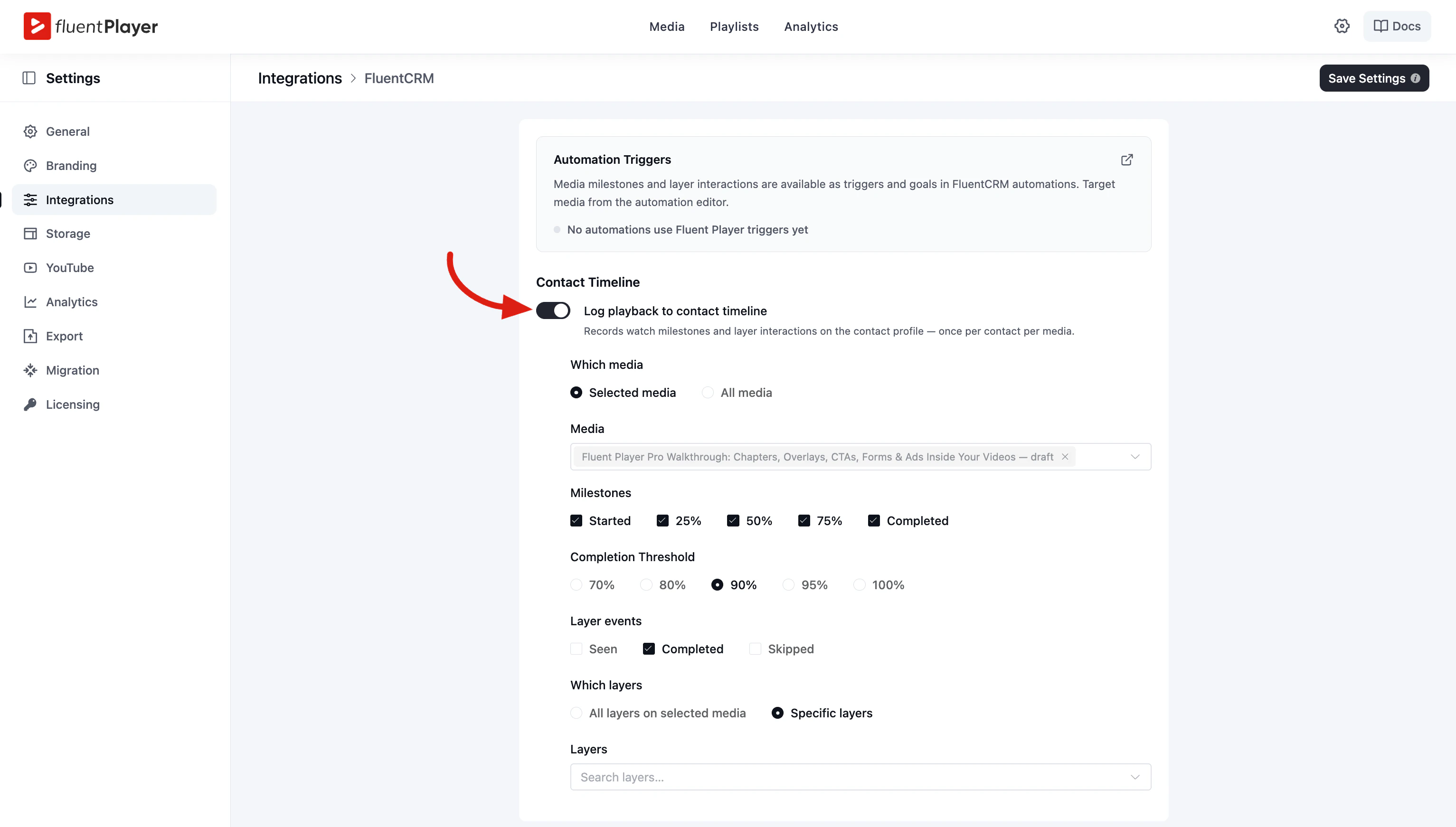 Contact Timeline settings with the Log playback toggle turned on