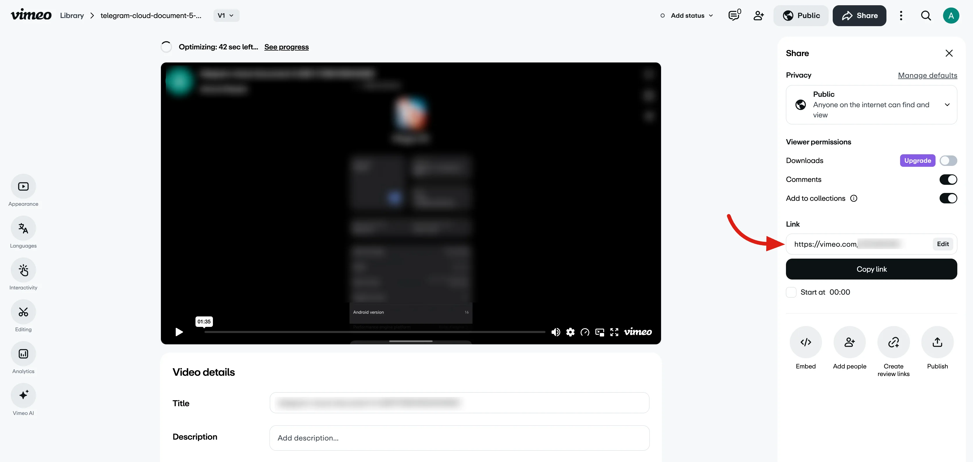 Copy the Vimeo video link