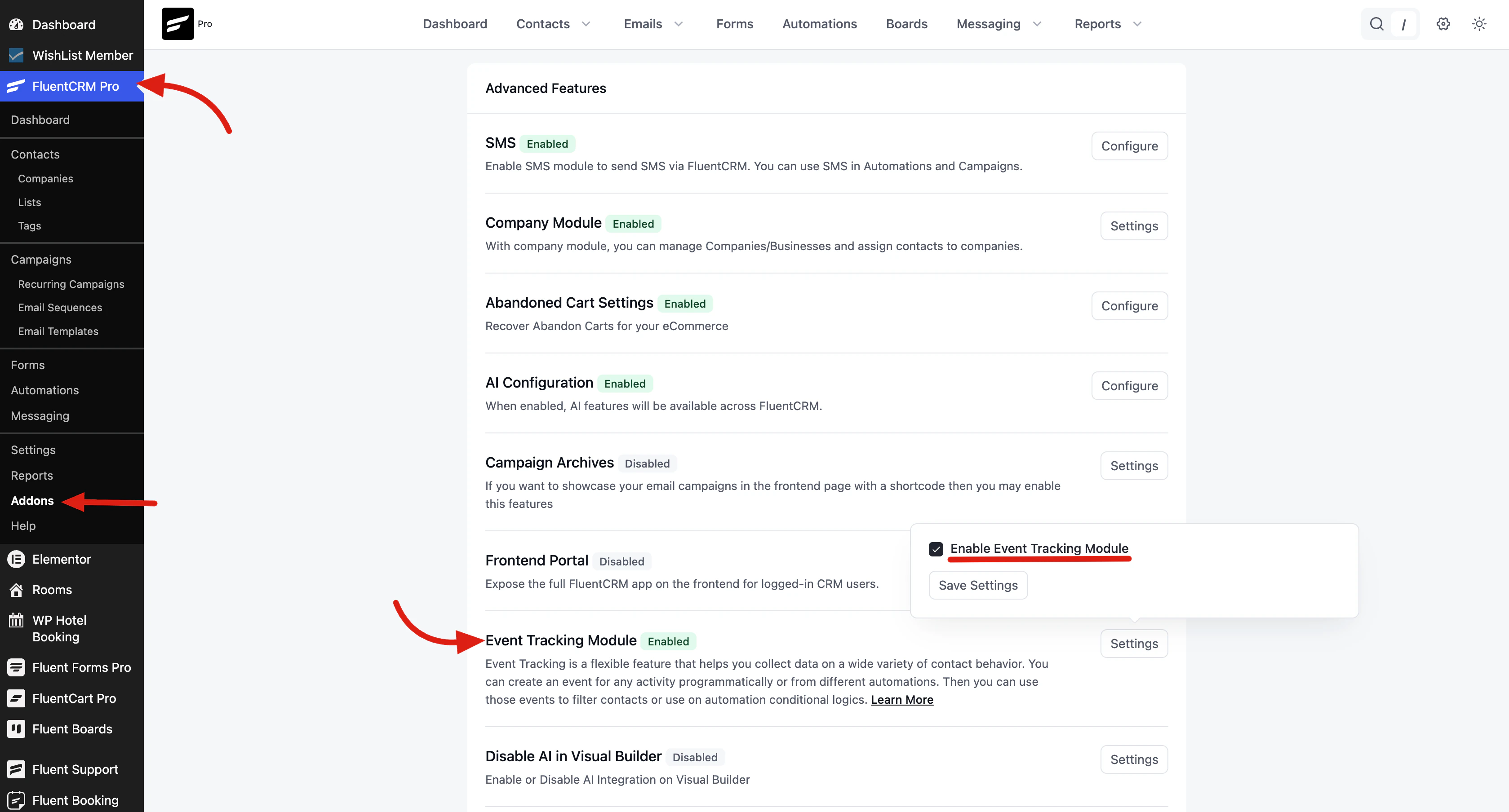 Enabling the Event Tracking Module in FluentCRM Addons