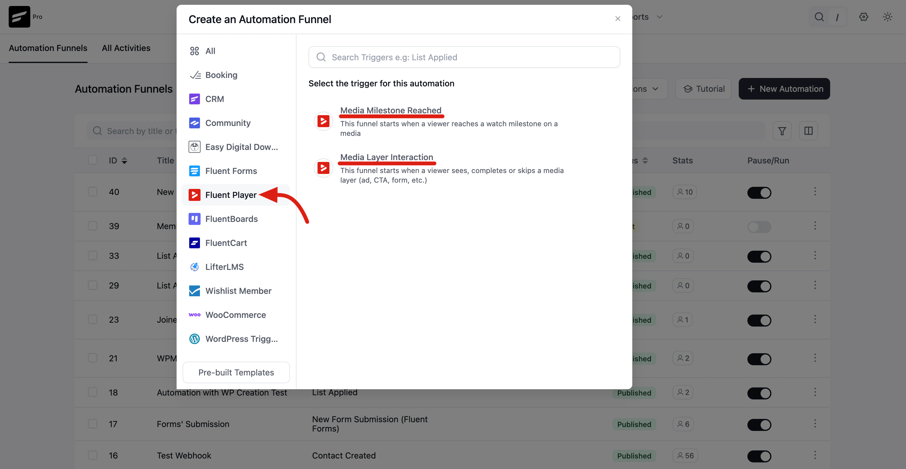 The two Fluent Player triggers in the automation funnel picker