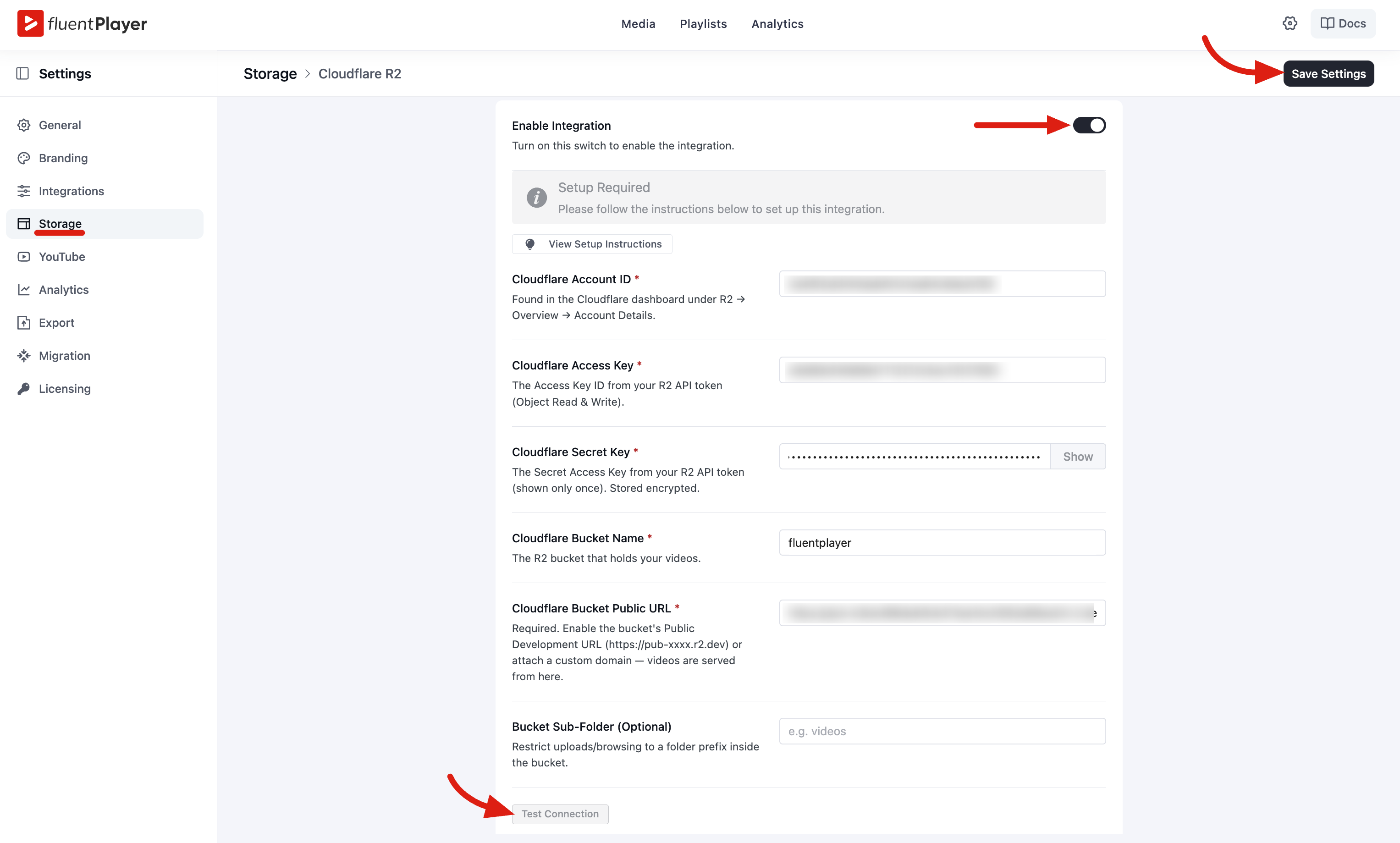 The FluentPlayer Cloudflare R2 configuration form
