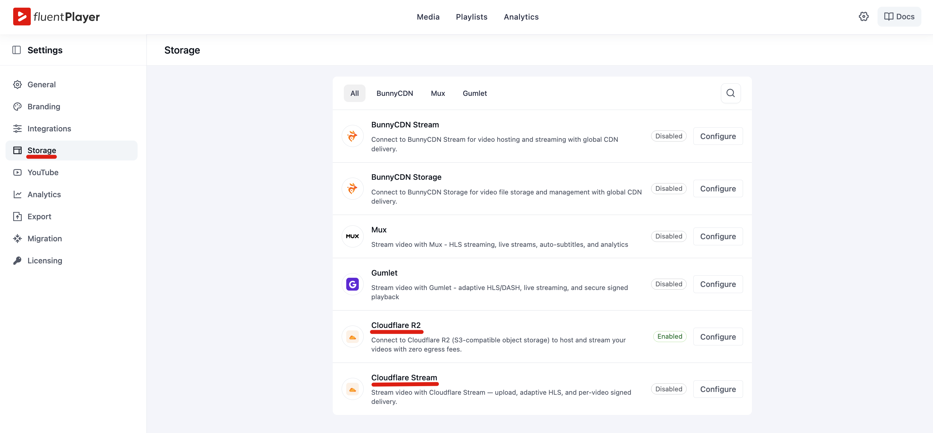 The FluentPlayer Storage screen with the Cloudflare R2 and Cloudflare Stream providers