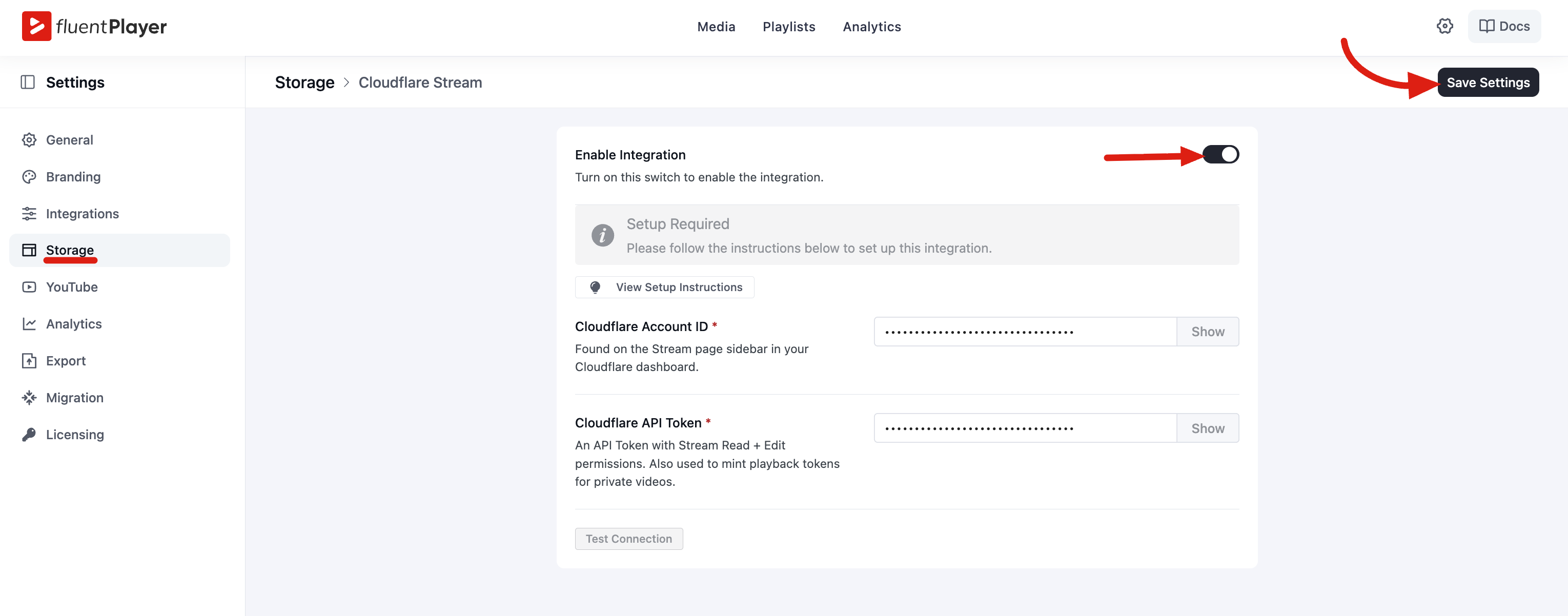 The FluentPlayer Cloudflare Stream configuration form