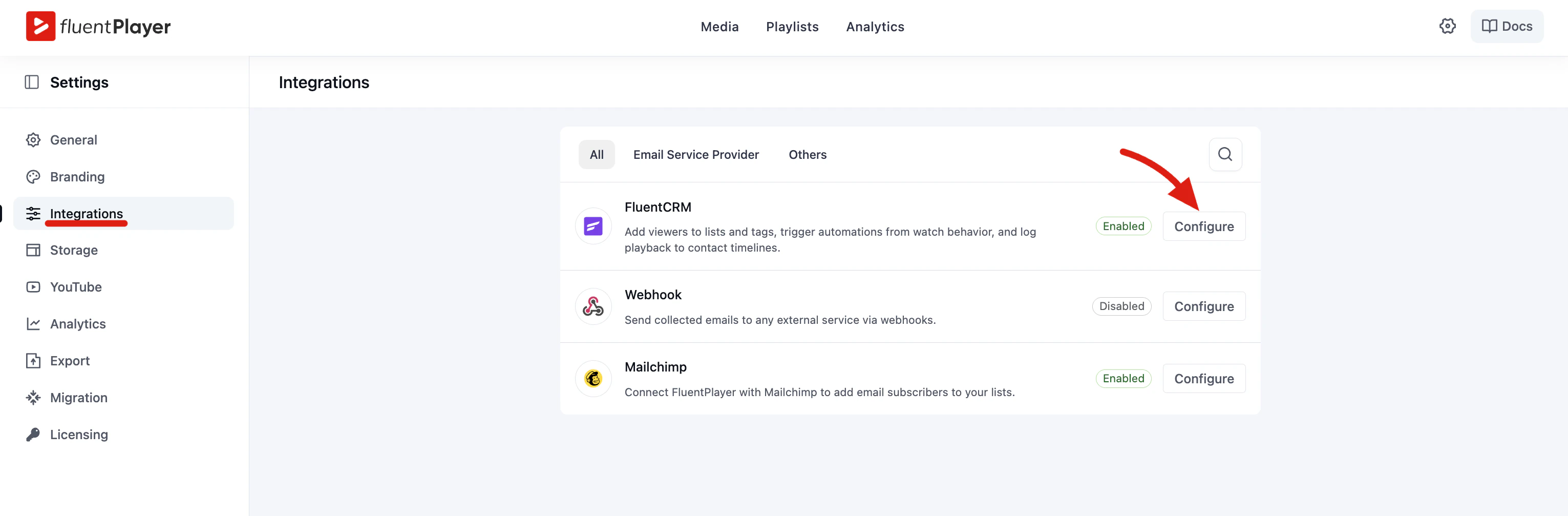 FluentCRM shown as Enabled on the FluentPlayer Integrations screen