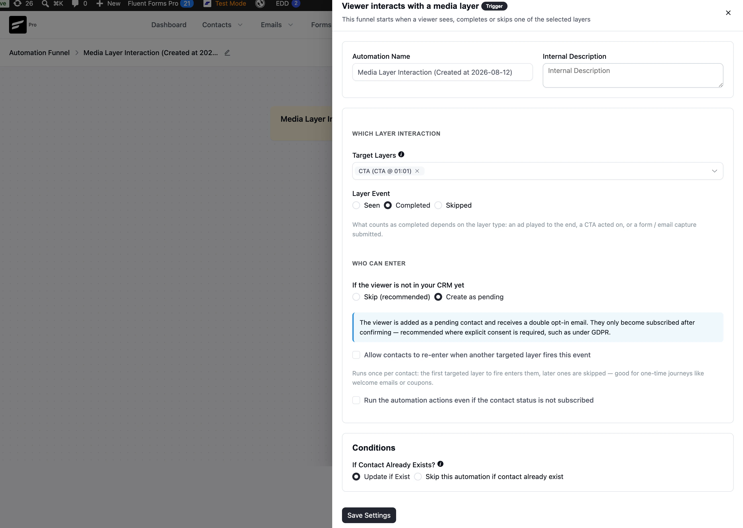 Settings for the Media Layer Interaction trigger