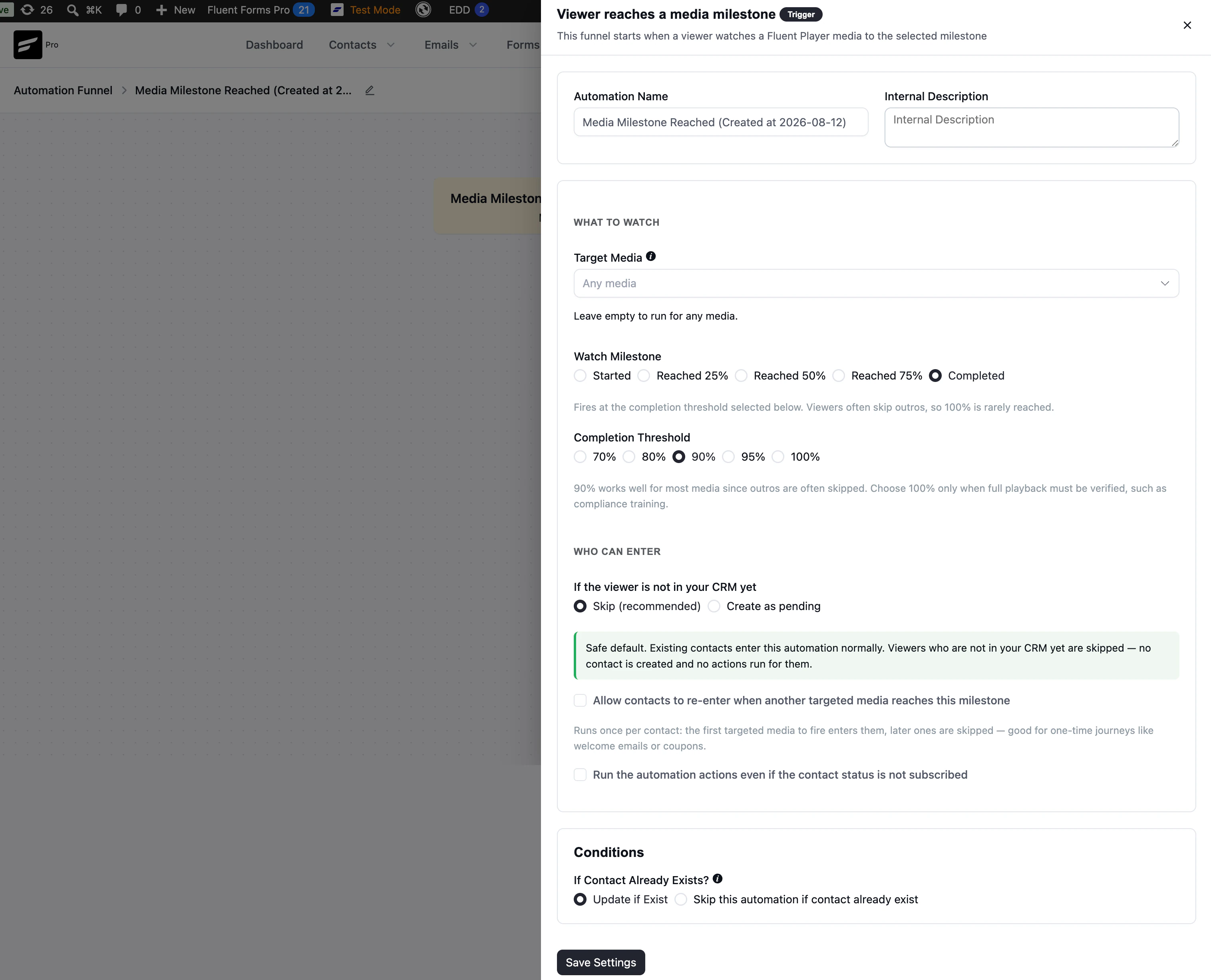 Settings for the Media Milestone Reached trigger