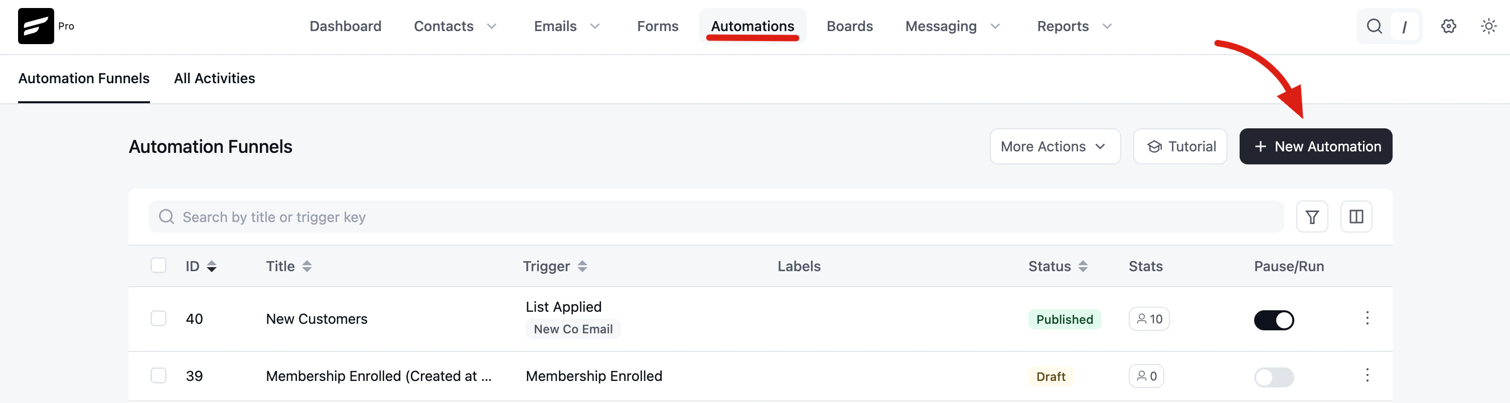 The New Automation button on the FluentCRM Automations screen