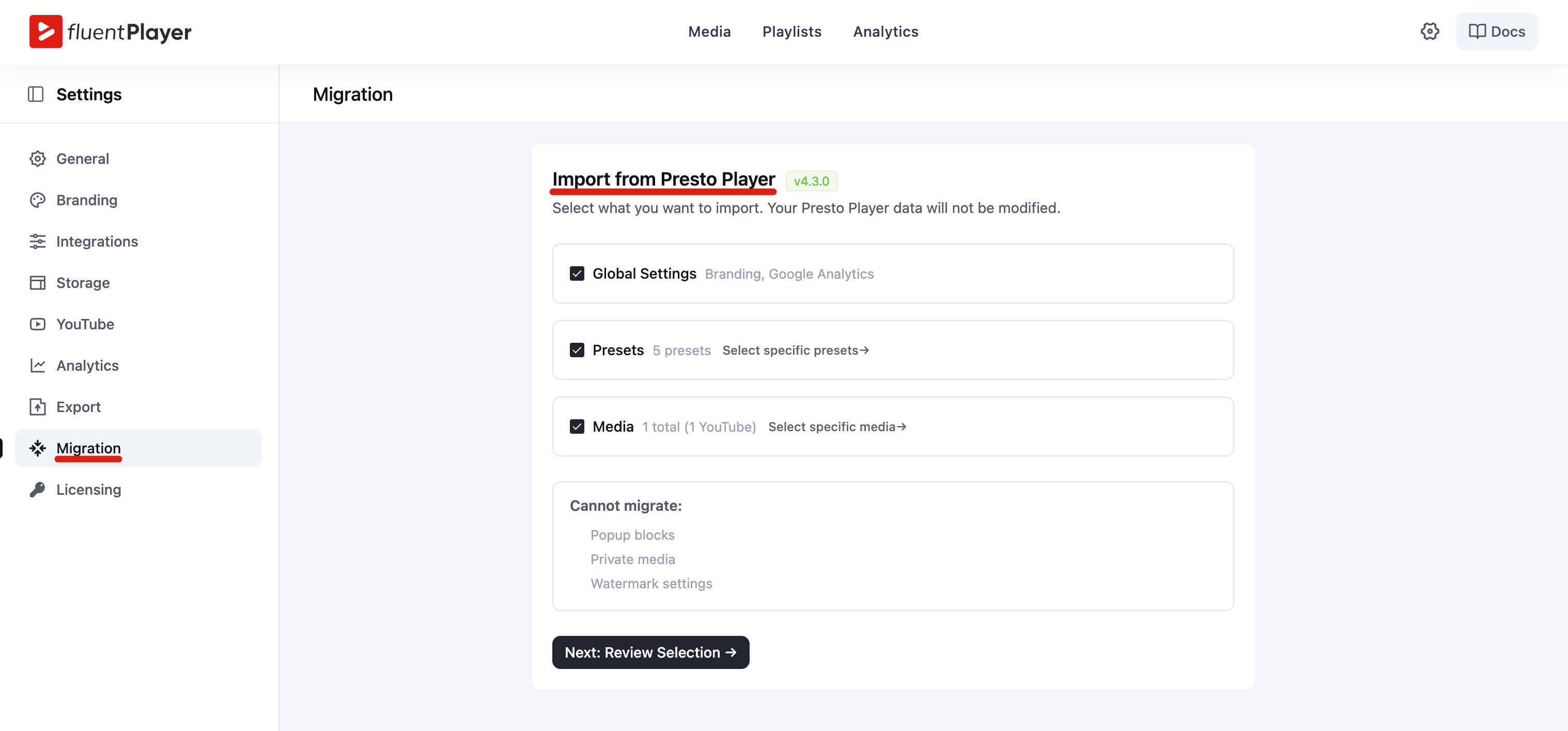 The Migration screen showing the Import from Presto Player options