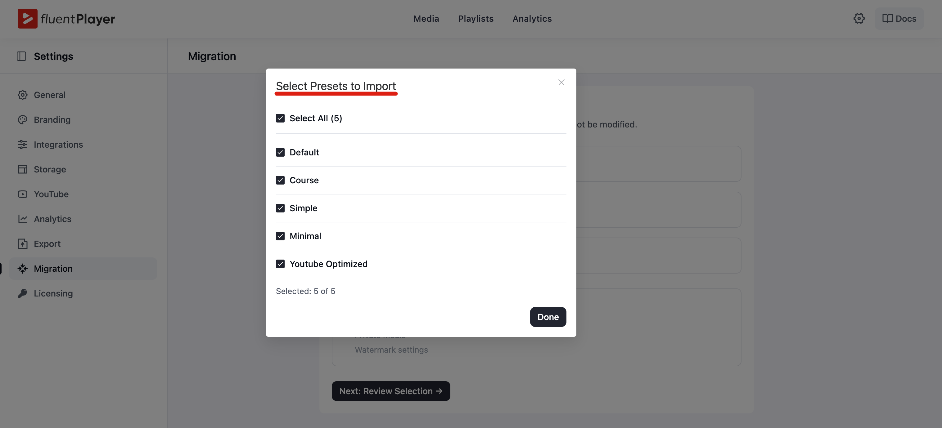 The Select Presets to Import dialog