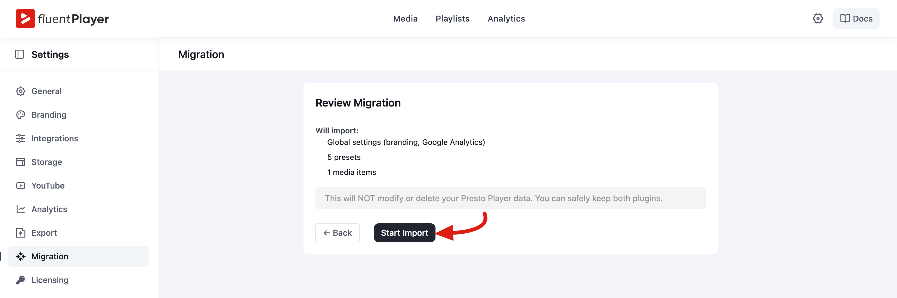 The Review Migration screen with the Start Import button