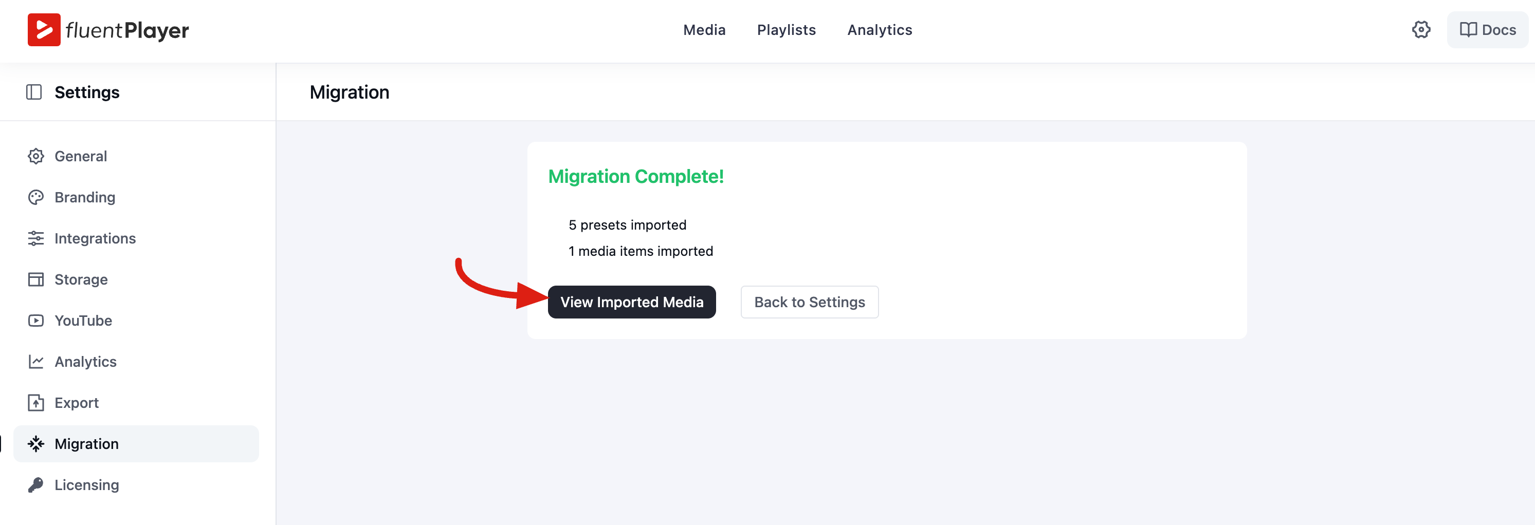 The Migration Complete screen