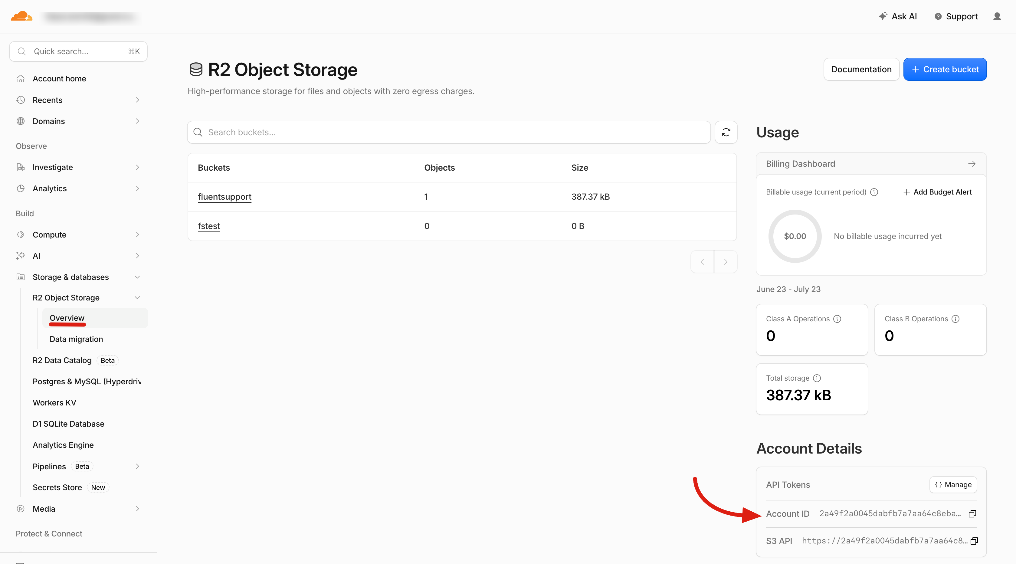 Cloudflare R2 Overview showing the Account ID