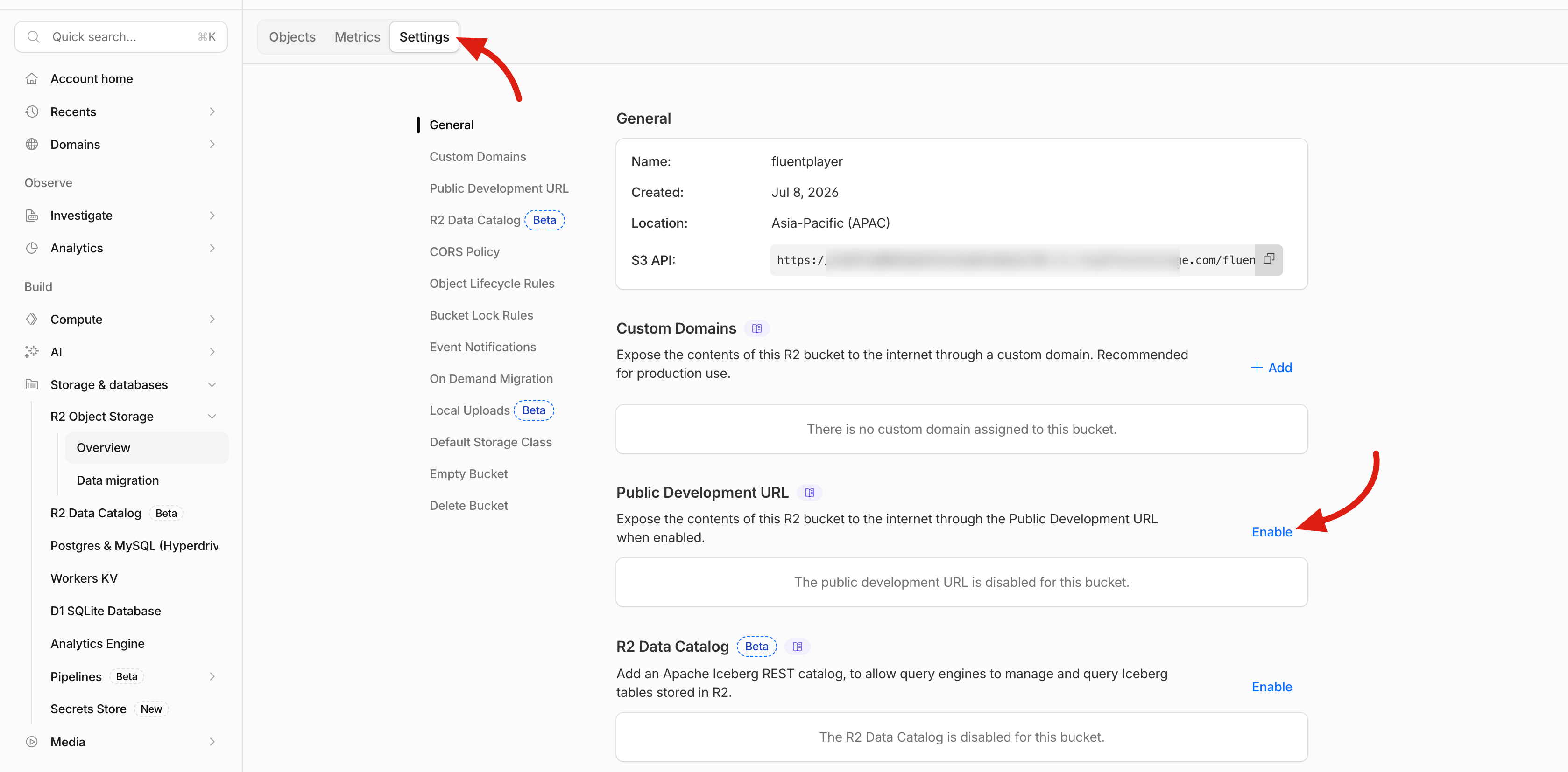 The bucket Settings tab with the Public Development URL option