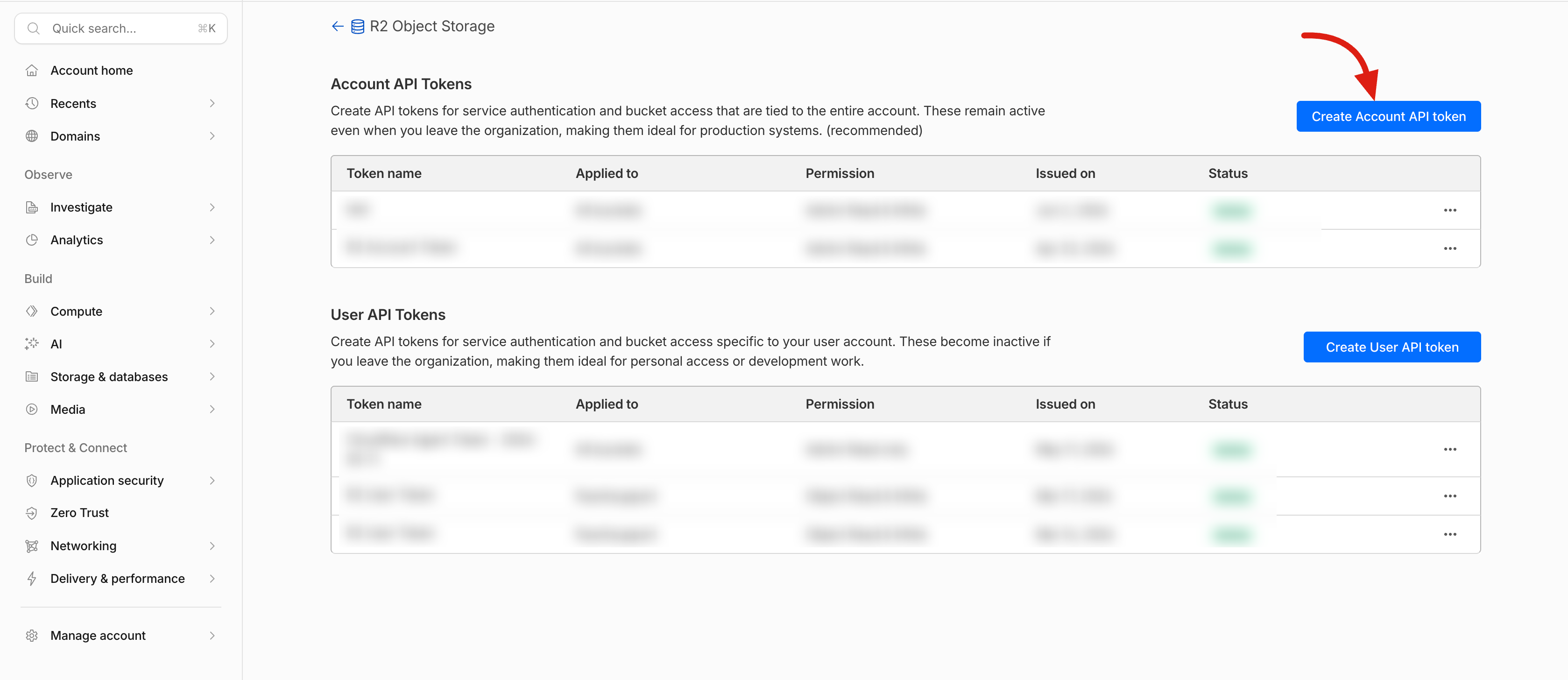 The Create Account API token button