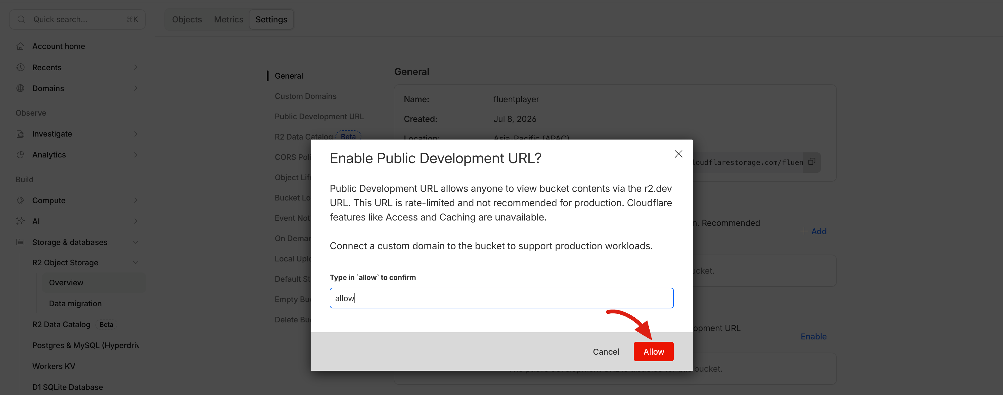 Confirming the Public Development URL by typing allow
