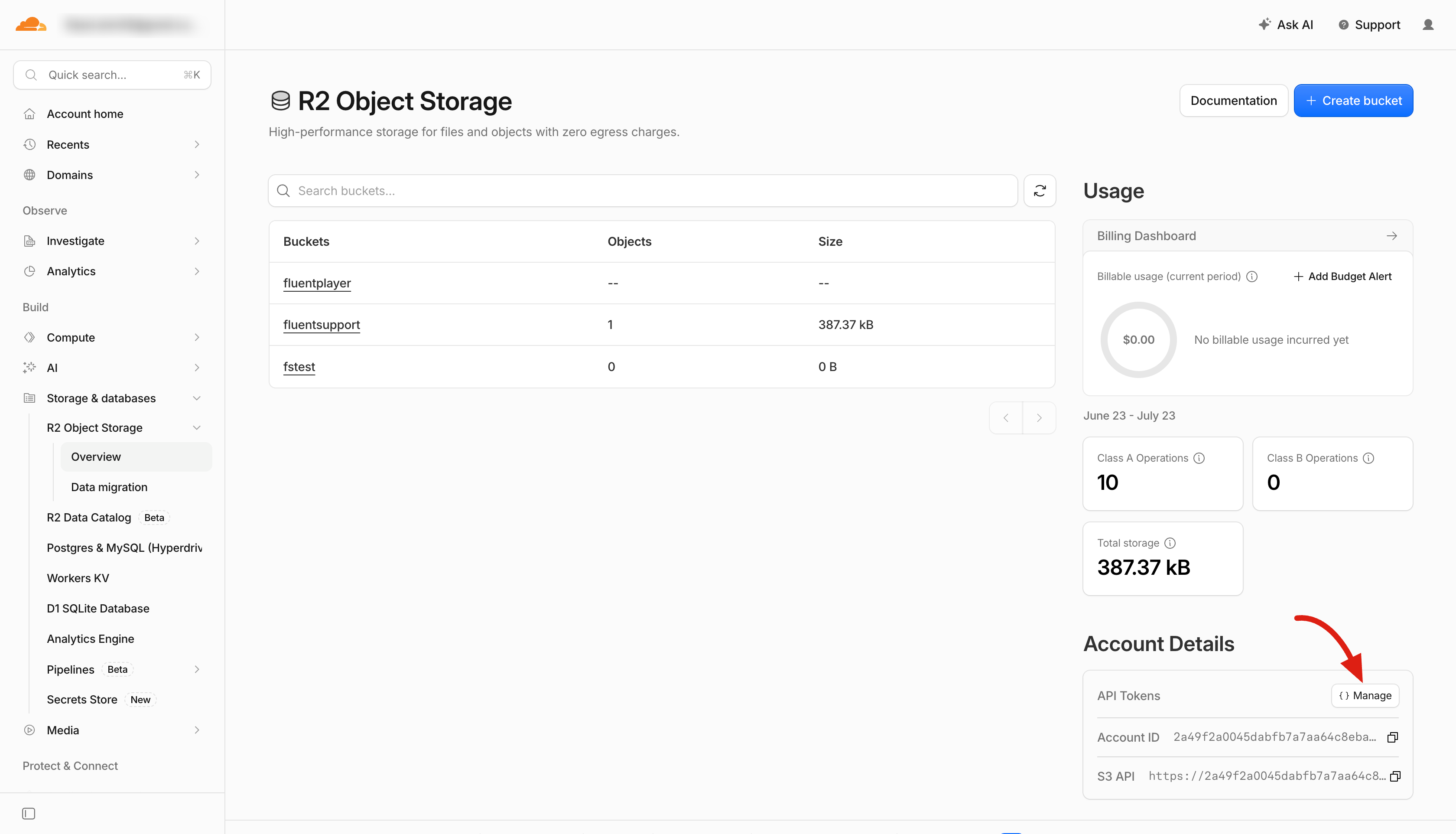 Opening API Tokens from the Account Details box