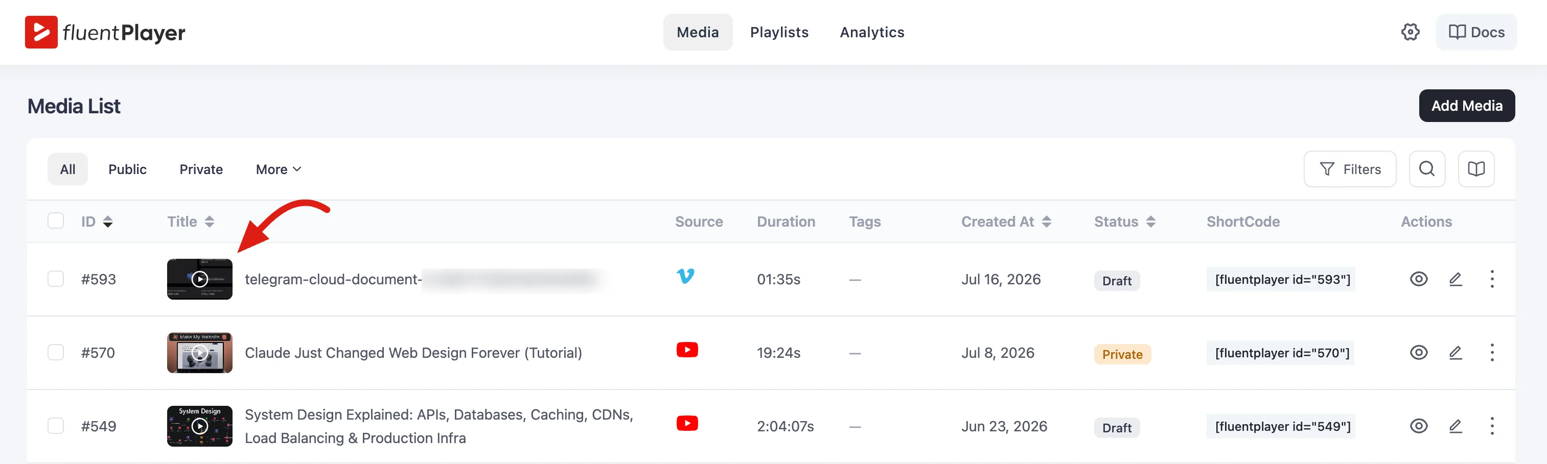 Vimeo video added to the Media List